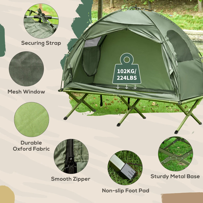 Lit de camp pliable pour 1 personne et tente 2 en 1 - Lit de camp surélevé portatif avec sac de transport, lit simple d'extérieur à installation rapide
