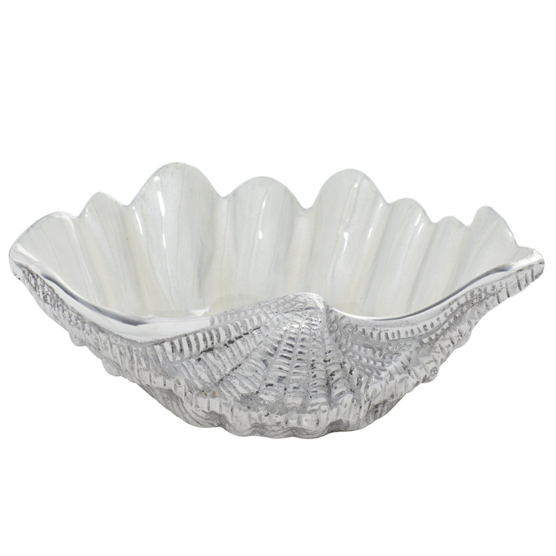 Ember Silver Shell Sea Life Serving Bowl with Enamel Interior 12" x 9" x 3", Silver