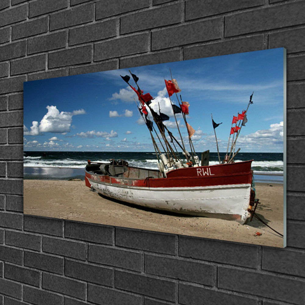 Glasbild Landschaft Meer Strand Boot