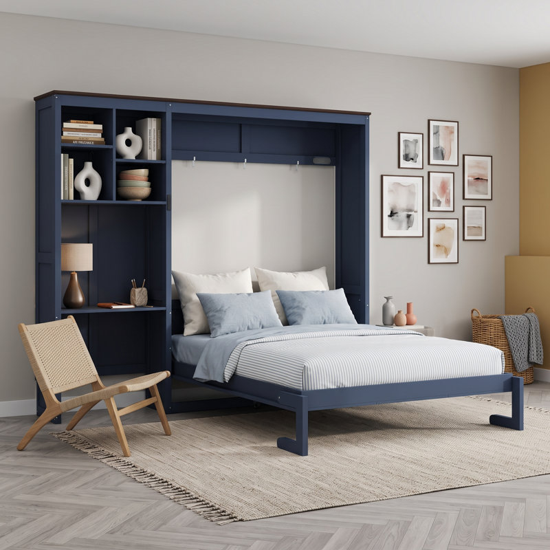 Grand lit escamotable en bois avec bureau et tablettes, Blue