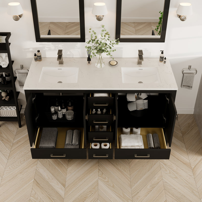 Espresso Double Sink Bathroom Vanity with Carrara Quartz Top
