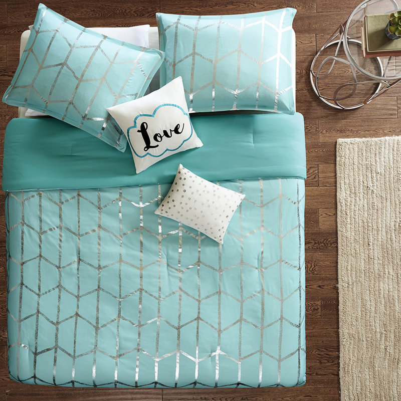 Literie double tendance et motif métallique argenté, Édredon double / grand + 4 pièces supplémentair, Aqua / argenté