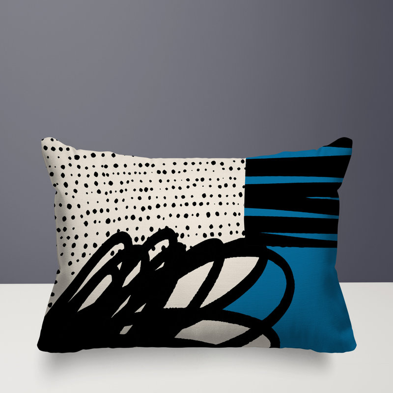 Oreiller rectangulaire réversible intérieur / extérieur Jofre, H 18 po x l 25 po, Turquoise / noir / blanc cassé