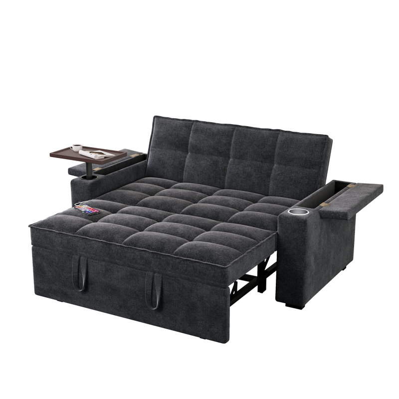 65" Upholstered Multi-Functional Sofa Bed with Built-in Desk & Charging Station - Modern Chenille Pull-Out Sleeper for Living Room & Work From Home Setup