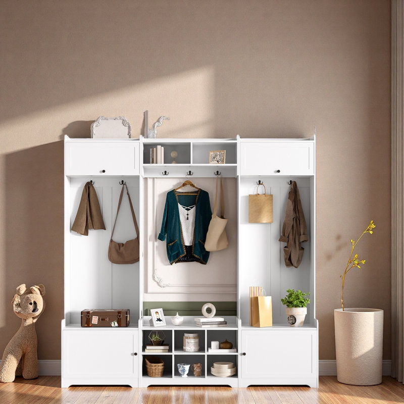 Hall Tree With Bench And Storage Cabinets, Entryway Organizer With Hooks, Seating, And Anti-Tip Kit, Durable Mdf Construction