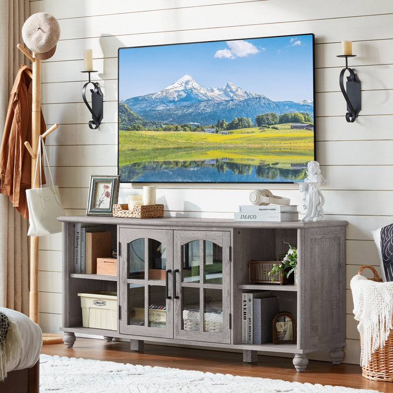 Farmhouse TV Stand For 60 Inch TV, Wood Entertainment Center With Adjustable Shelves & Glass Door Storage Cabinet,Television Stands For 65" TVS,TV Console Table For Living Room,Bedroom