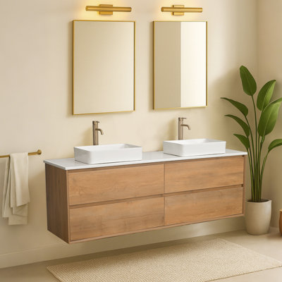 72" Floating Bathroom Vanity With Ceramic Vessel Sink, Wall Mounted Bathroom Cabinet With White Quartz Top