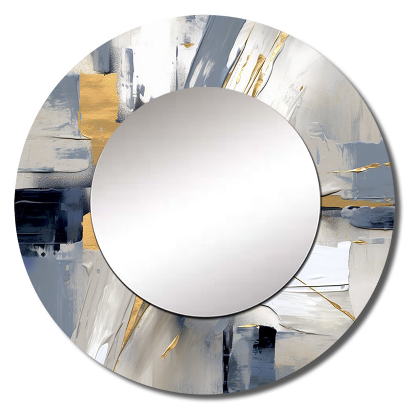 Kaceon Grey and Gold Transcendent Impressions I - Abstract Shapes Mirror, Gray Round Decorative Wall Mirror, Printed Metal Art