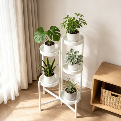 Étagère à plantes d'intérieur et d'extérieur, tablette d'angle à 5 niveaux pour plusieurs plantes, présentoir vertical en métal avec plateaux rotatifs pour salon, balcon, terrasse, jardin