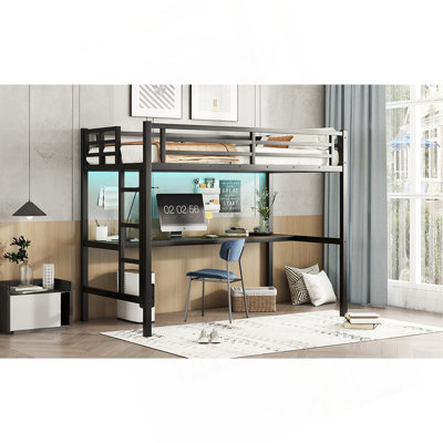Lit mezzanine simple en métal de taille XL avec prise de courant et éclairage à DEL, peu encombrant, noir