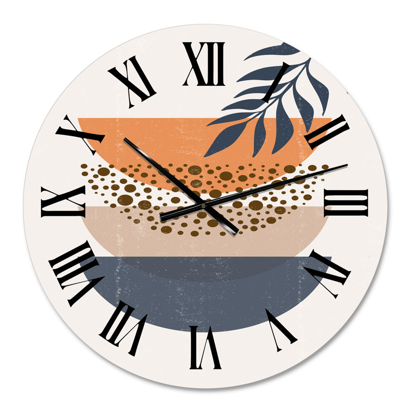 Abstrait géométrique abstrait soleil et lune avec feuille III - horloge murale moderne, Moyenne, Bleu