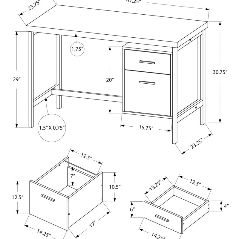 Bureau d'ordinateur, bureau personnel, ordinateur portable, installation à gauche, à droite, tiroirs de rangement, L 48 po, travail, stratifié, métal, contemporain, moderne