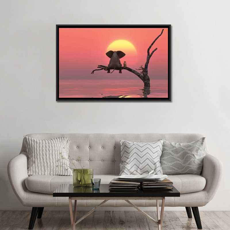 Éléphant et chien assis sur un arbre au coucher du soleil rouge par Mike Kyiv - reproduction d'art, Toile avec cadre noir