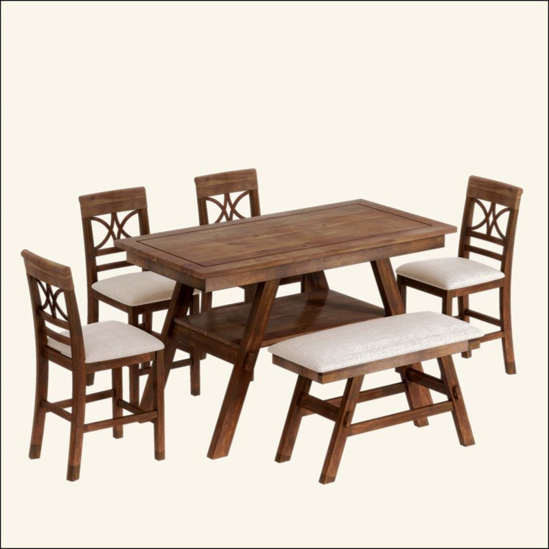 Ensemble de table de salle à manger 6 pièces à hauteur de comptoir en bois avec tablette de rangement, ensemble de table de cuisine avec banc et 4 chaises, style rustique