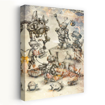 Steampunk Robot Builders Vintage Whimsical Abstract Wall Art Print