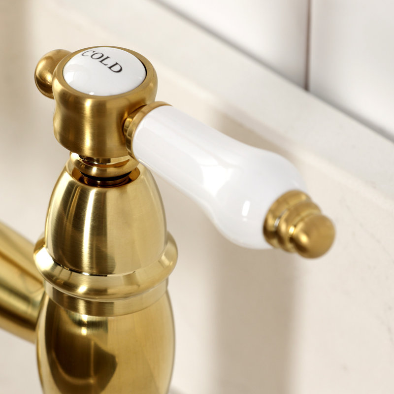 Kingston Brass Bel-Air Double-Handle 2-Hole Deck-Mount Pre-Rinse Bridge Kitchen Faucet, Brushed Brass