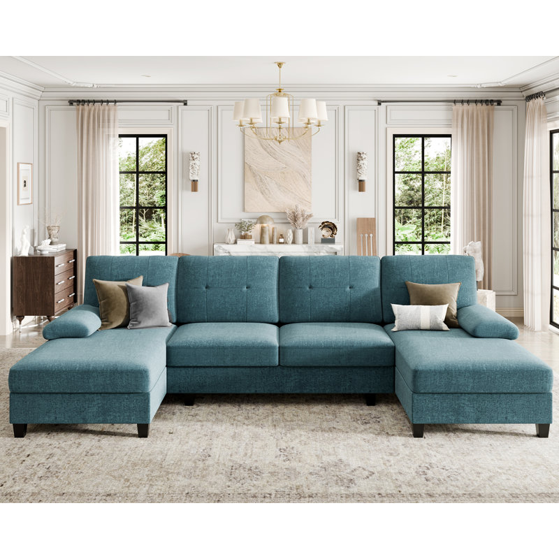 3-Piece Modular Upholstered Sectional Couch, Blue Cotton Blend