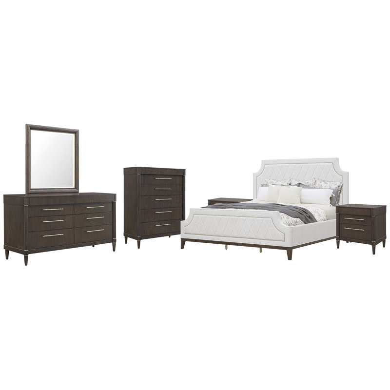 Commode à 2 tiroirs avec miroir et commode Hendrum, 6 pièces: lit, 2 tables de chevet, 2 commodes, mi, Grand lit