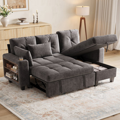 Benett 83" Upholstered L Shape Modular Sectional with Pull-out Sofa Bed, Storage Chaise & Side Bookshelf