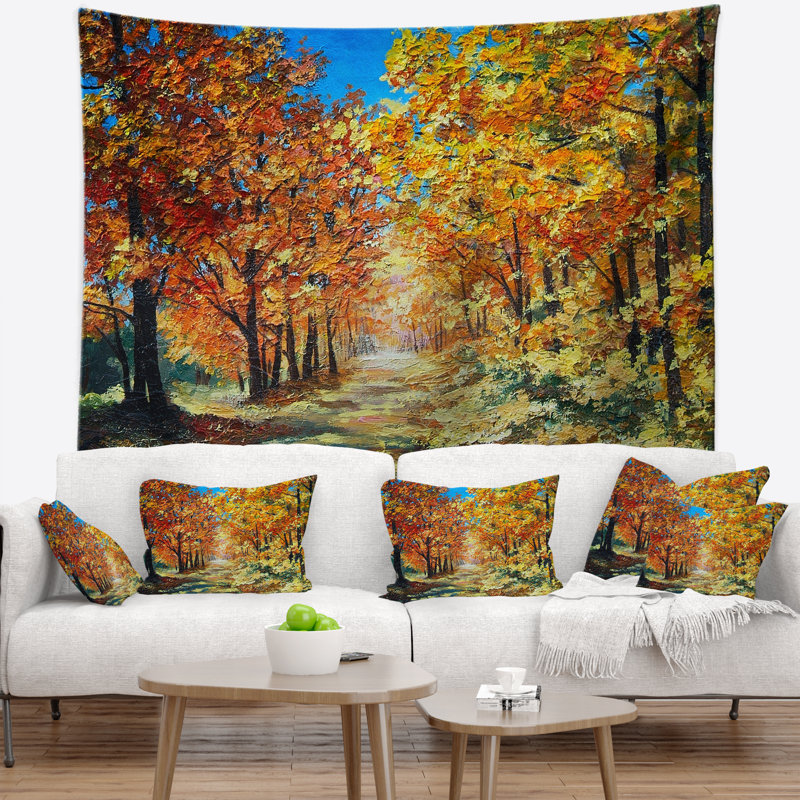 Jour lumineux paysage dans la tapisserie de la forêt d'automne, H 32 po x l 39 po