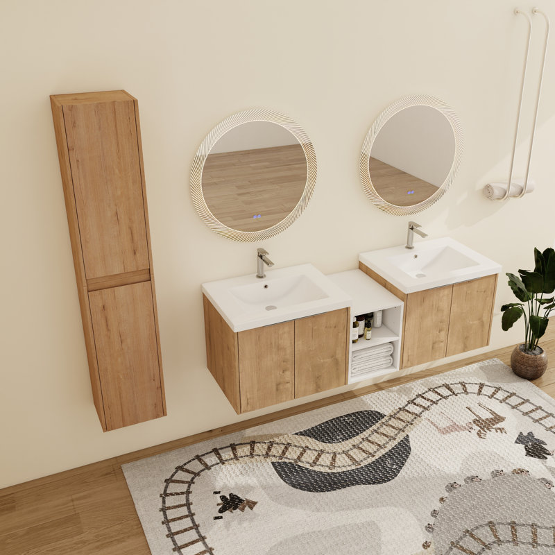 Eskar 60'' Wall-Mounted Double Bathroom Vanity With Resin Vanity Top & Side Cabinets, 60"