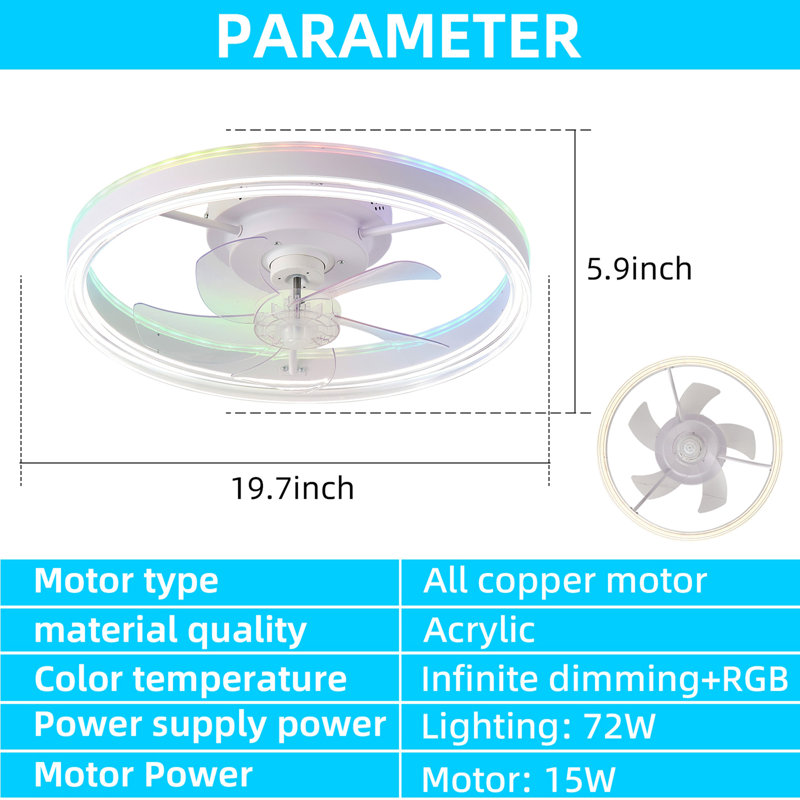 19.7 inches fan light RGB colour lights three colour temperature 6-speed adjustable wind power positive and negative rotation