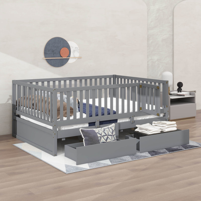 A Wooden Twin-Sized Daybed With Fence-Style Guardrails And Two Integrated Drawers, Twin, Grey
