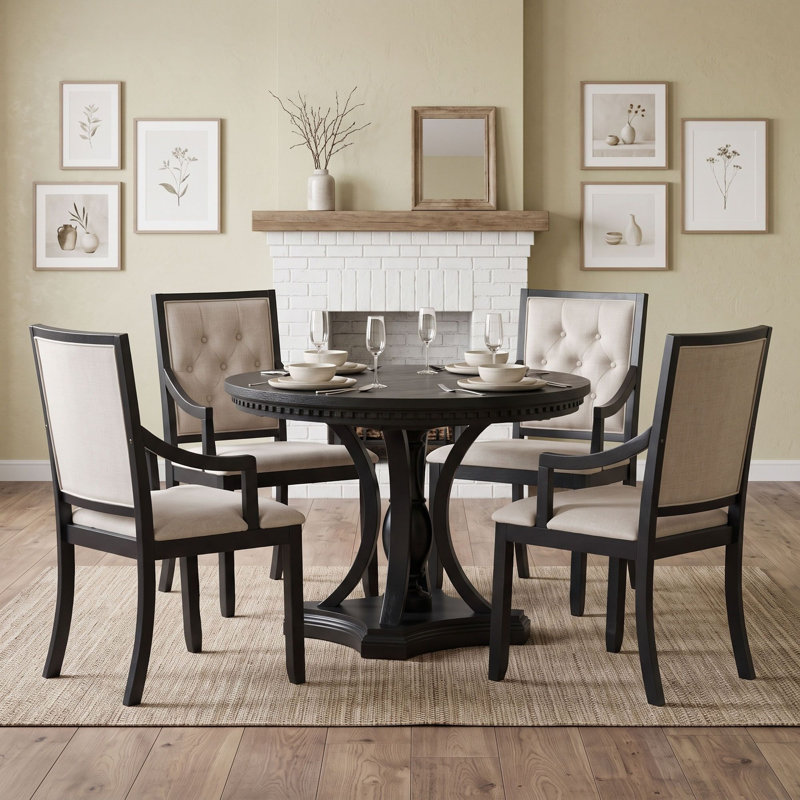 Ensemble de table de salle à manger ronde extensible rétro en chêne avec quatre fauteuils rembourrés, Chêne noir