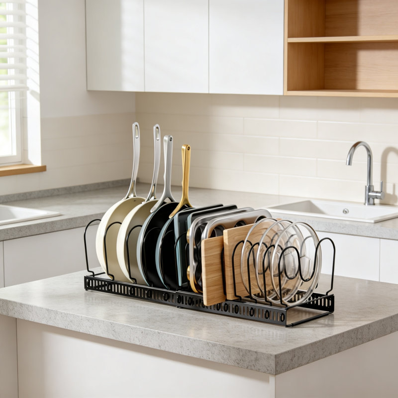 Expandable Pots and Pans Organizer Under Cabinet with 14 Dividers
