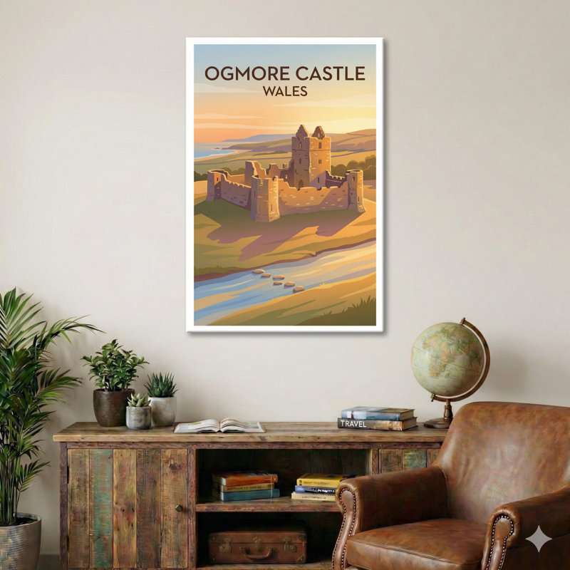 Ogmore Castle, Wales - Romantic Coastal Castle Travel Poster. Giclee Print On Wrapped Canvas. Wall Art, Home Decor - Castles & Palaces, Wales - Wrapped Canvas Print