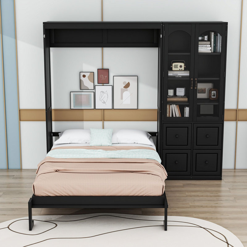 Lit escamotable avec armoire latérale, 4 tiroirs et tablettes de rangement, Noir