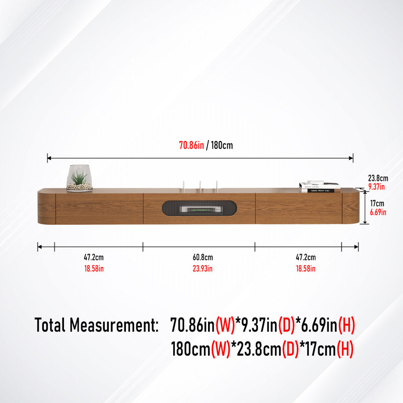Meuble télé flottant ultrabrillant, tablette murale, Bois brun, 70.86'' W X 9.37'' D X 6.69'' H