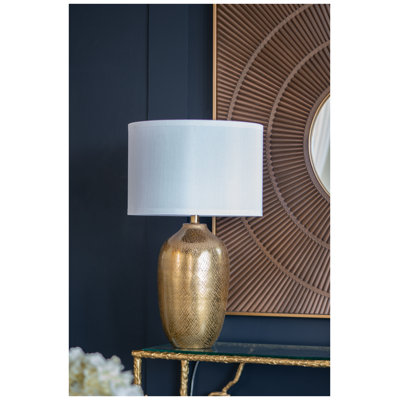 D15x25.7" Modern Gold Table Lamp with White Fabric Shade - Round Aluminum Bedside Lamp for Bedroom Living Room