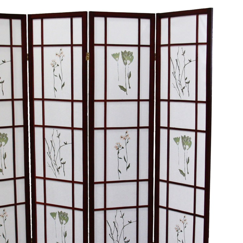 Cloison de 4 écrans de 70 po de hauteur, cerisier avec motif floral asiatique, clôture en bois de cerisier
