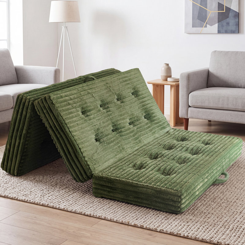 Matelas pliable en trois parties de 15 cm en mousse à mémoire de forme, matelas de sol en fausse fourrure avec poignée, Vert