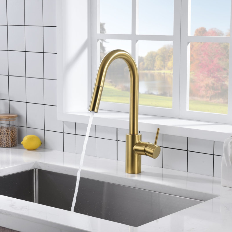 Euro Collection High-Arc Single Handle Kitchen/Bar Faucet with 2-Function Pull-Down Spout Sprayer - Brushed Gold