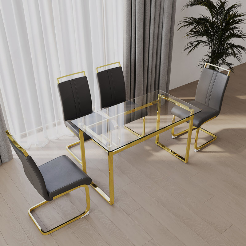 Ensemble de table de salle à manger pour 4, ensembles de table et chaises avec pieds dorés, plateau en verre trempé