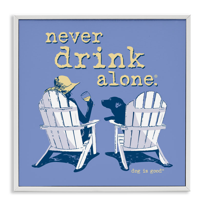 «Girl & Dog Drink Alone», art de la giclée encadrée par Dog Is Good, Estampe numérique encadrée blanc bord de mer