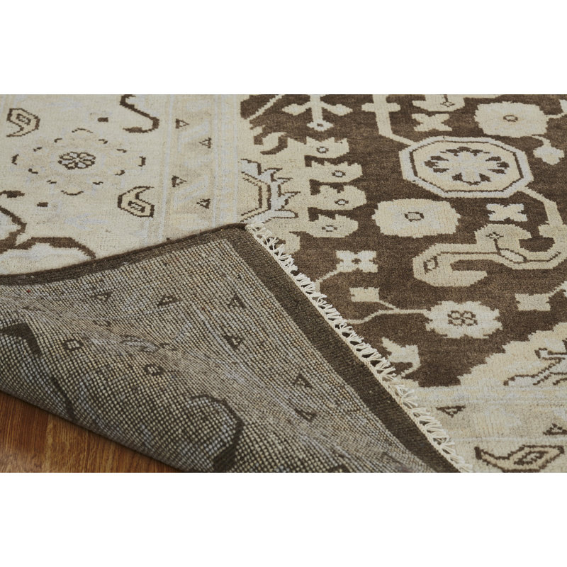 Brun/Ivoire Tapis décoratif en laine noué à la main de style oriental zelida, Rectangle 9 pi x 12 pi