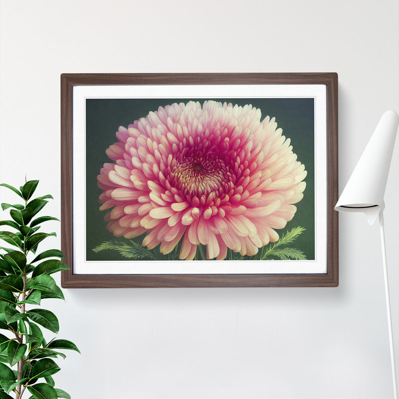 Cheerful Chrysanthemum Flower - Single Picture Frame Painting, 25cm H x 34cm W x 2cm D, Walnut