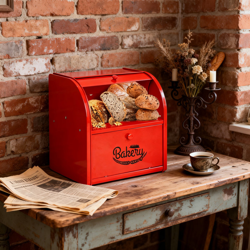 Bread Box, Metal Bread Box, 2 Layer Roll Top Bread Boxes, Stainless Steel Bread Storage, Kitchen Counter Bread Bin(Red)