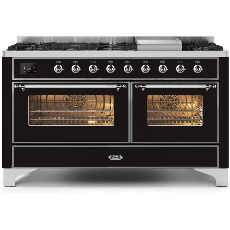 ILVE UM15FDNS3BGG Majestic II 60 inch Dual Fuel Range with 9 Burners, Griddle (Natural Gas, Triple Glass Door, Blue Grey, Brass)