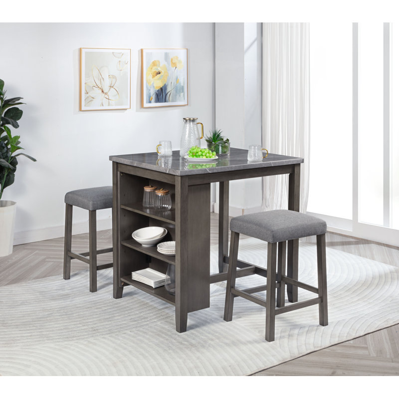 Table à hauteur de comptoir en marbre Pheony avec rangement et 2 tabourets de bar