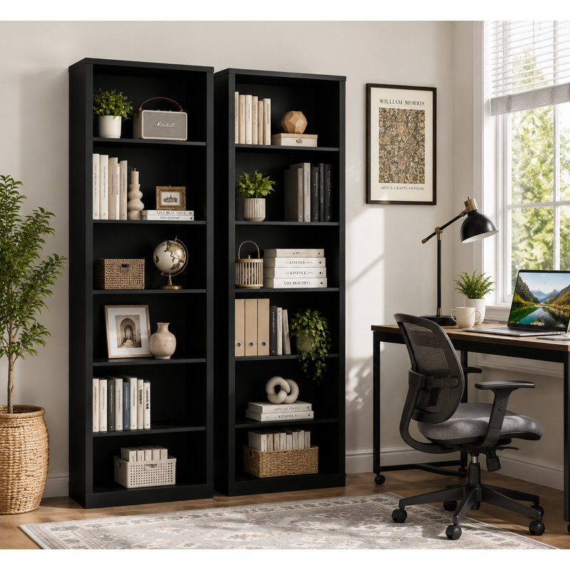 Bibliothèque à 6 niveaux avec tablettes fixes et rangement robuste de 75 po de hauteur, Noir