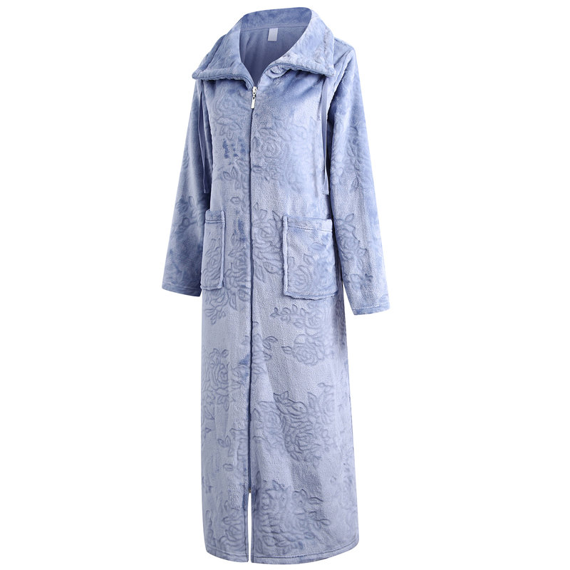 Hursel Fleece Mid-Calf Bathrobe with Pockets, Blue, S