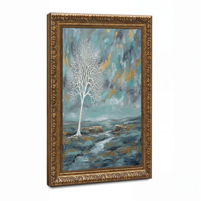 Arbre blanc dans un paysage abstrait bleu sarcelle et or, art mural sur toile