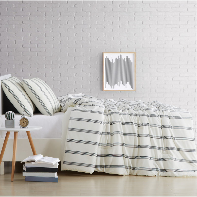 Ivory and Black Striped Microfiber Queen Comforter Set