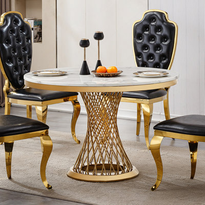 Table de salle à manger ronde en marbre de 47 po, table de cuisine moderne avec plateau en faux marbre ultrabrillant et base en acier inoxydable pour la salle à manger, cuisine (seulement une table)
