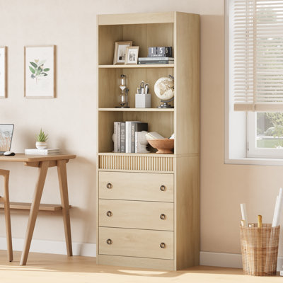 Bibliothèque haute cannelée avec tiroirs - bibliothèque moderne à 6 niveaux de 70,8 po à conception ondulée, grande armoire de rangement, salon ouvert, bureau - largeur de 24 po - couleur bois, 60 onde simple