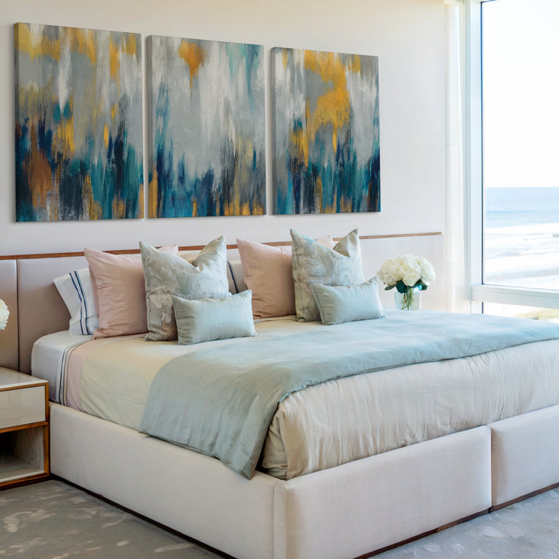 Ensemble de 3 toiles murales abstraites bleu sarcelle bleu marine et or abstrait vertical, 30 x 60 po
